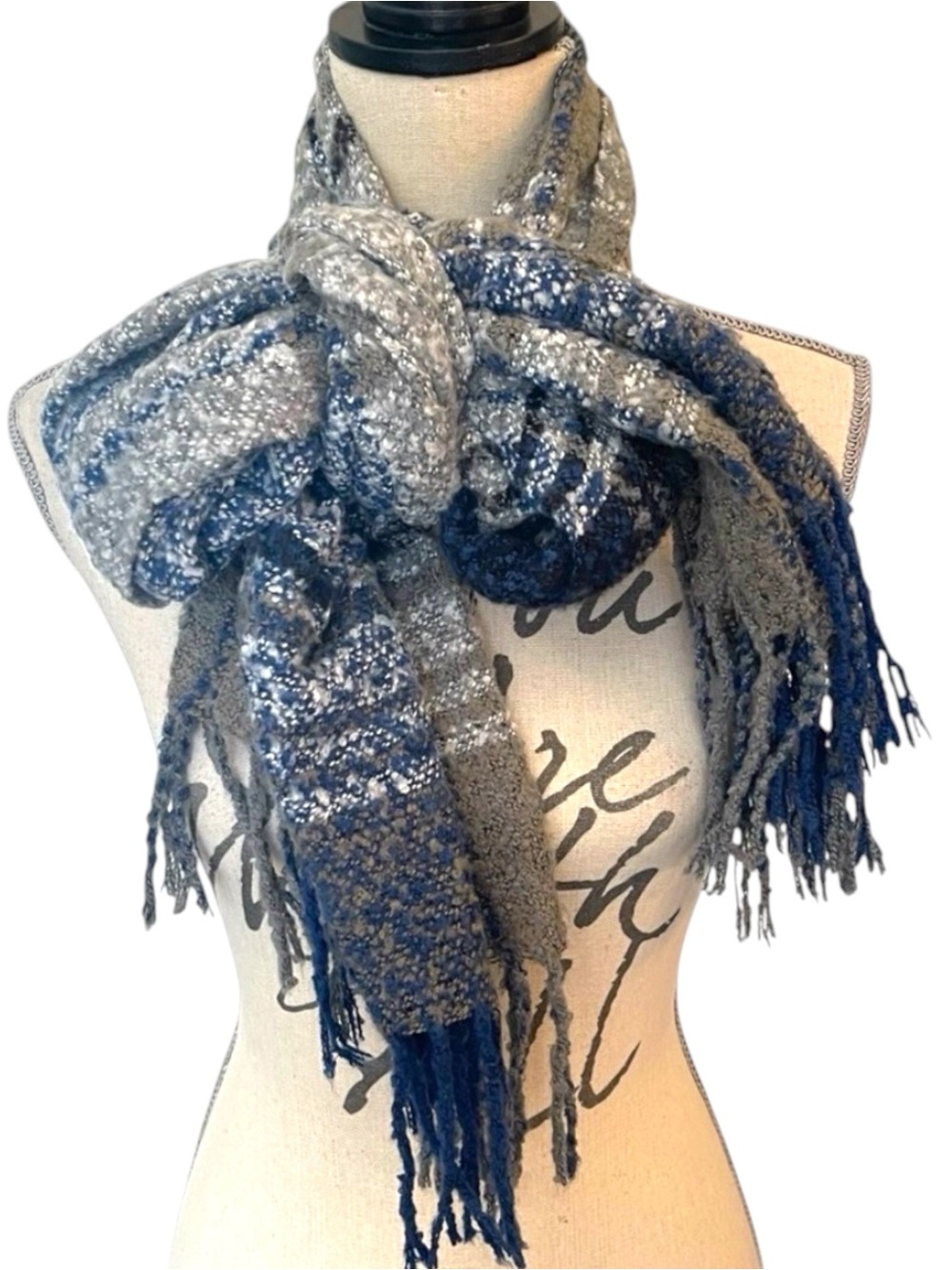 Blue/Taupe/Cream Plaid Fringe Scarf Wrap